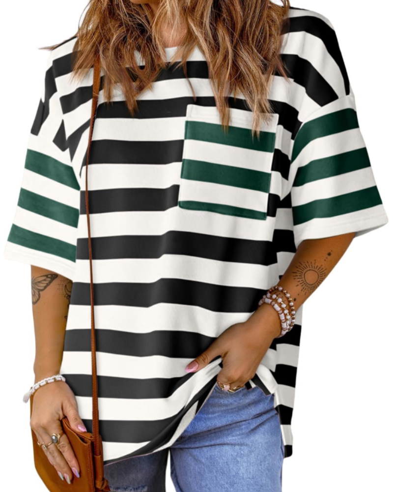 Γυναικείο T-Shirt Brielle με Ρίγες – Oversize Μπλούζα με Στρογγυλή Λαιμόκοψη και Χρωματικό Μπλοκ