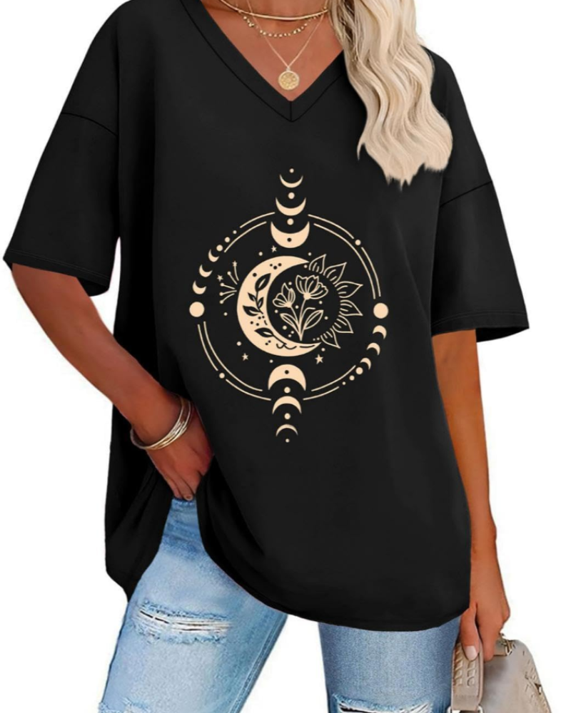 Dámské tričko Paisley s potiskem – volný oversized top s výstřihem do V, ležérní styl