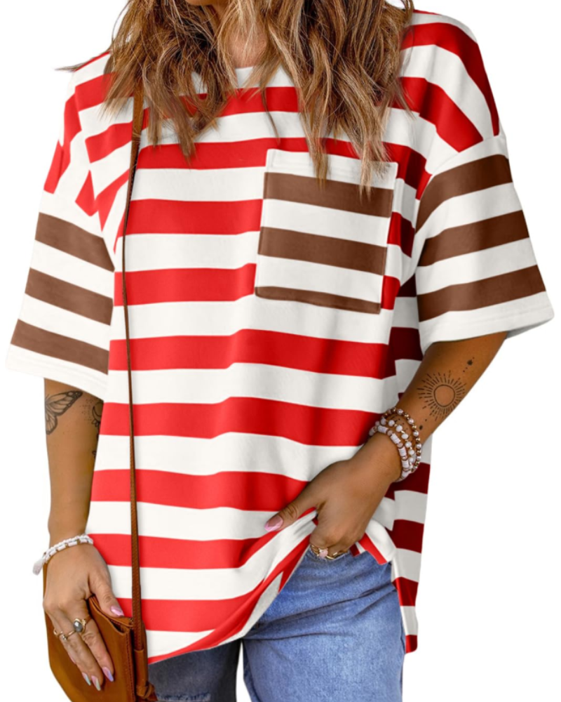 Γυναικείο T-Shirt Brielle με Ρίγες – Oversize Μπλούζα με Στρογγυλή Λαιμόκοψη και Χρωματικό Μπλοκ