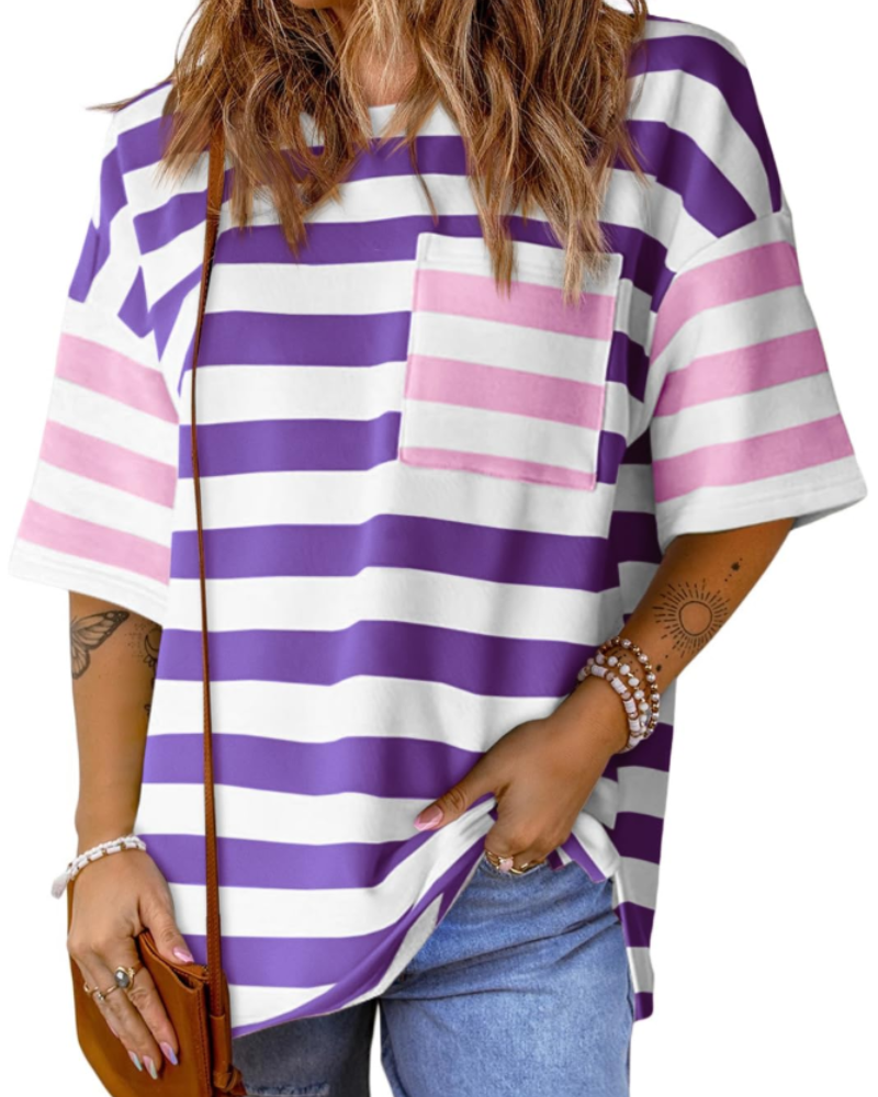 Γυναικείο T-Shirt Brielle με Ρίγες – Oversize Μπλούζα με Στρογγυλή Λαιμόκοψη και Χρωματικό Μπλοκ