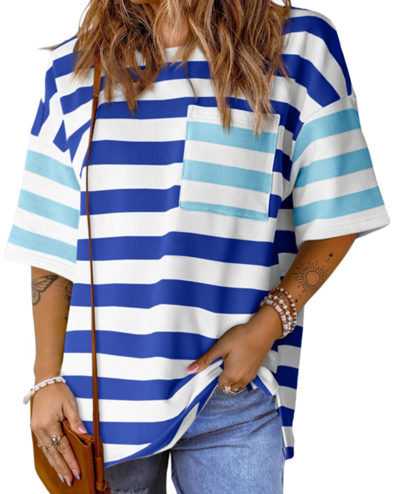 Γυναικείο T-Shirt Brielle με Ρίγες – Oversize Μπλούζα με Στρογγυλή Λαιμόκοψη και Χρωματικό Μπλοκ