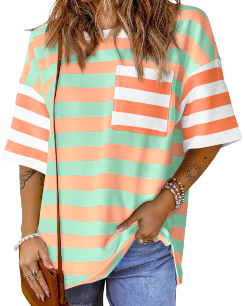 Γυναικείο T-Shirt Brielle με Ρίγες – Oversize Μπλούζα με Στρογγυλή Λαιμόκοψη και Χρωματικό Μπλοκ
