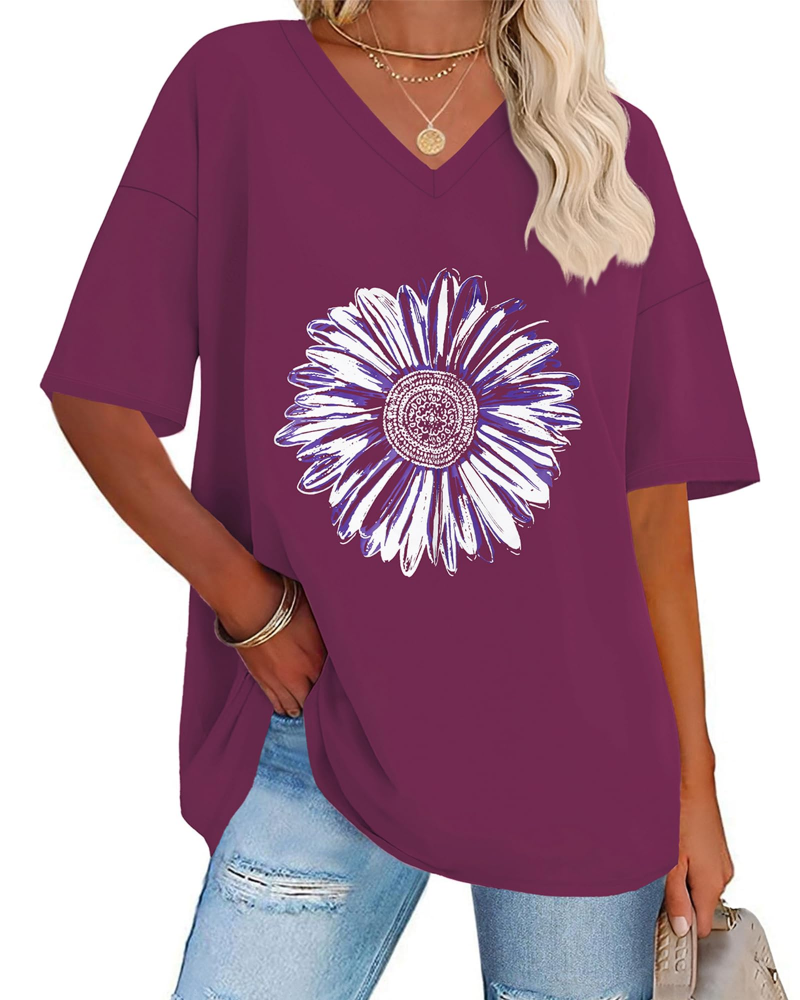 Dámské tričko Paisley s potiskem – volný oversized top s výstřihem do V, ležérní styl