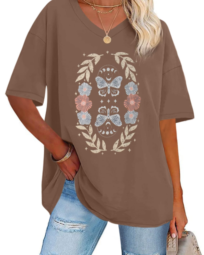 Dámské tričko Paisley s potiskem – volný oversized top s výstřihem do V, ležérní styl