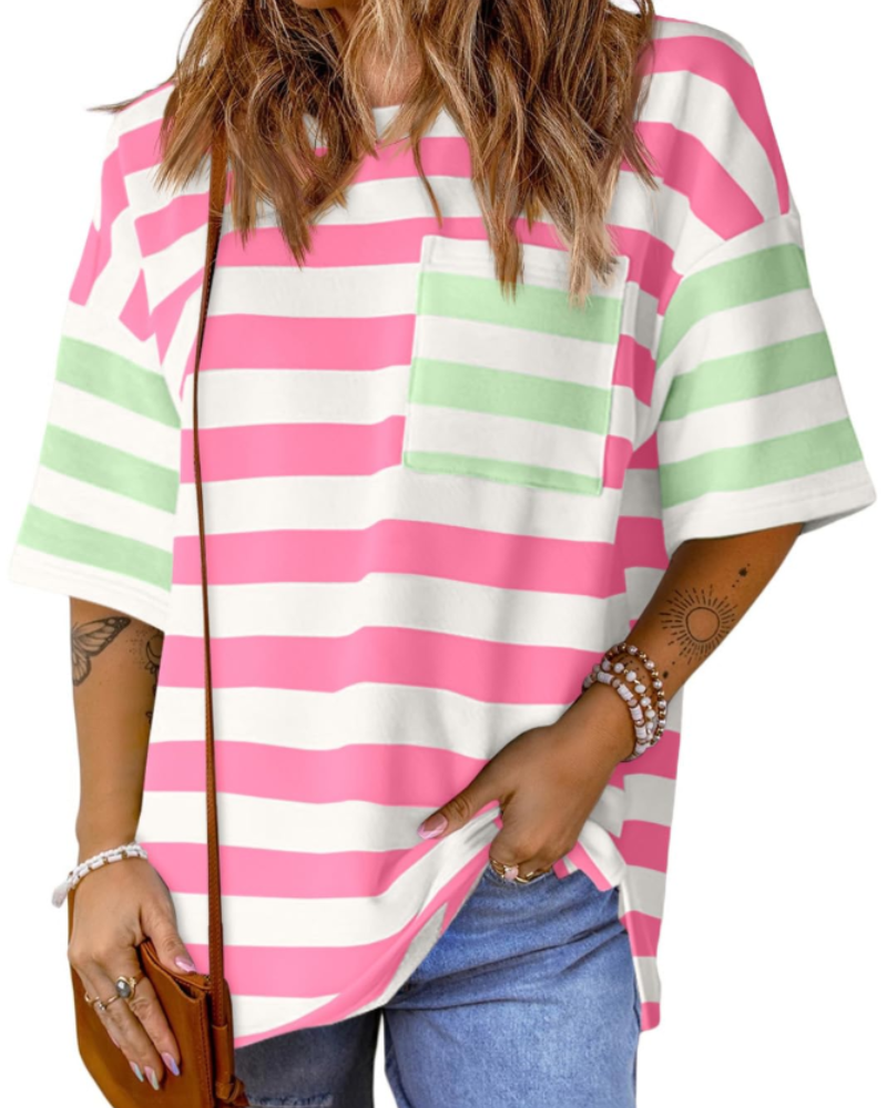 Γυναικείο T-Shirt Brielle με Ρίγες – Oversize Μπλούζα με Στρογγυλή Λαιμόκοψη και Χρωματικό Μπλοκ