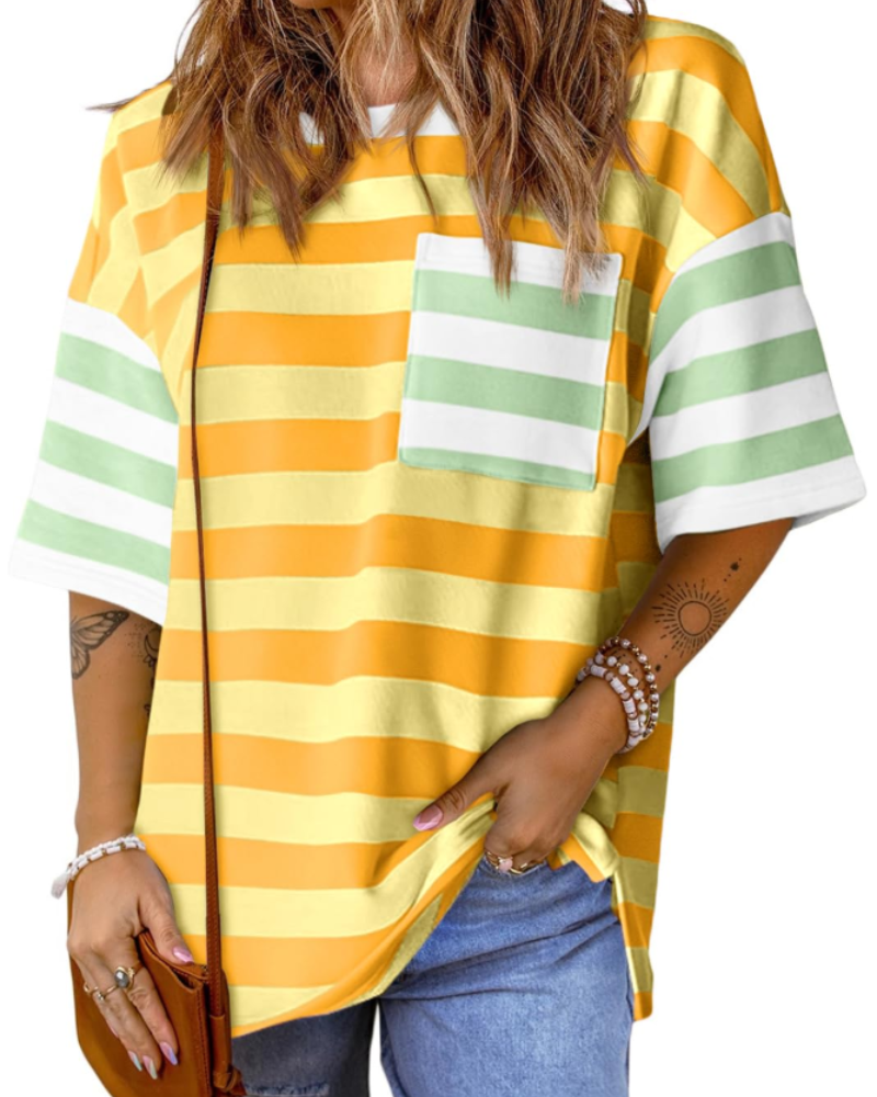 Γυναικείο T-Shirt Brielle με Ρίγες – Oversize Μπλούζα με Στρογγυλή Λαιμόκοψη και Χρωματικό Μπλοκ