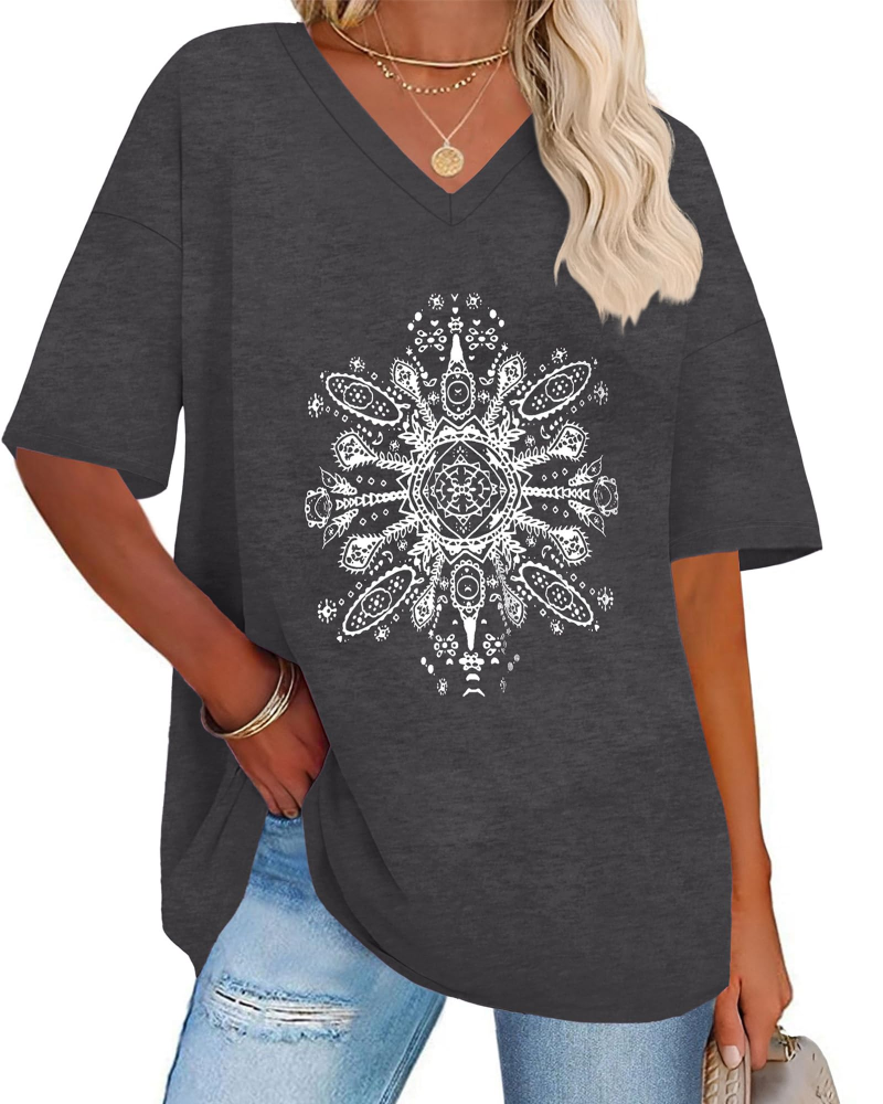 Dámské tričko Paisley s potiskem – volný oversized top s výstřihem do V, ležérní styl