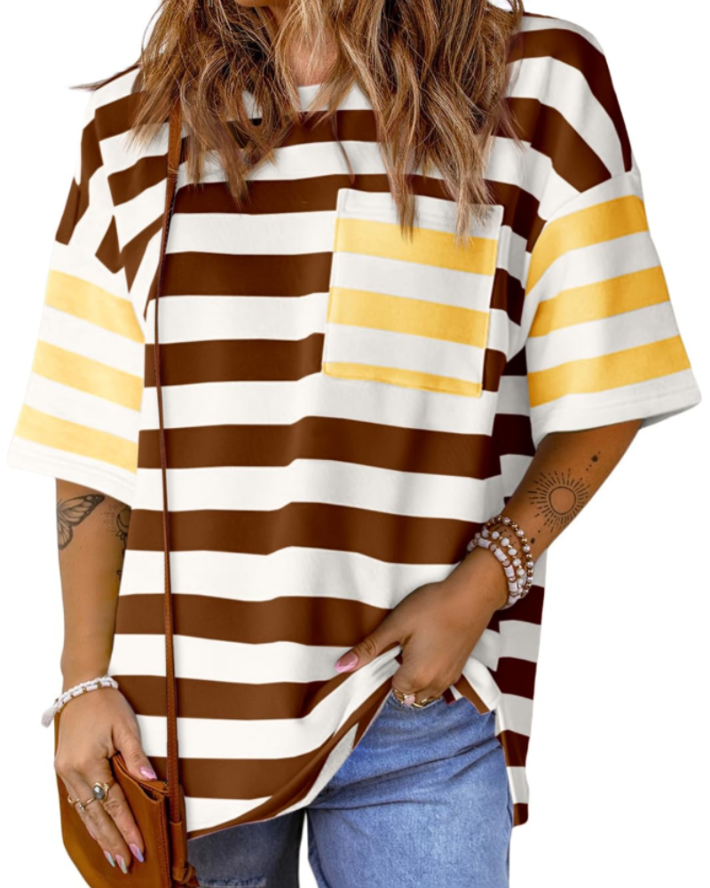 Γυναικείο T-Shirt Brielle με Ρίγες – Oversize Μπλούζα με Στρογγυλή Λαιμόκοψη και Χρωματικό Μπλοκ