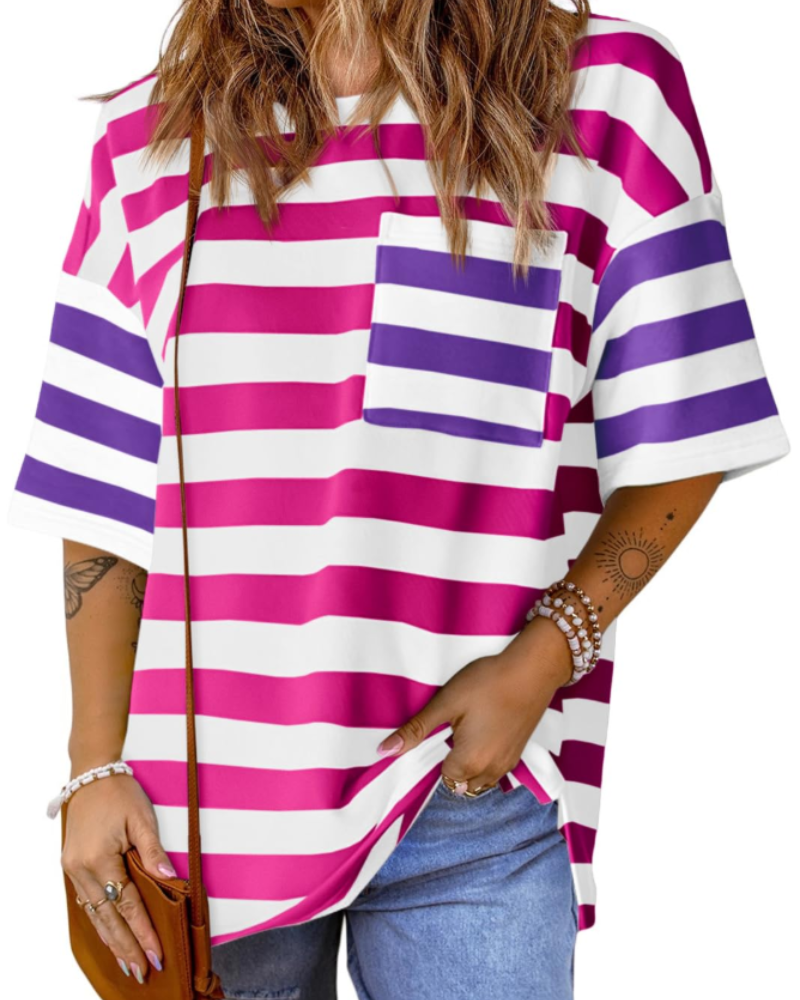 Γυναικείο T-Shirt Brielle με Ρίγες – Oversize Μπλούζα με Στρογγυλή Λαιμόκοψη και Χρωματικό Μπλοκ
