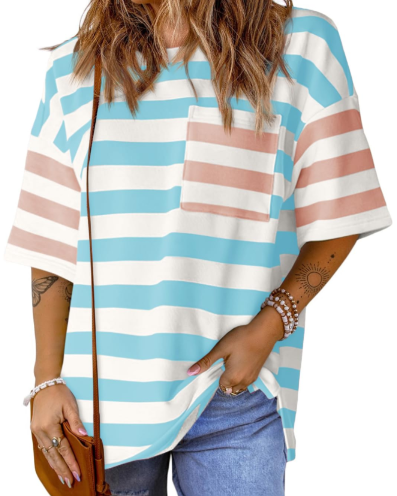 Γυναικείο T-Shirt Brielle με Ρίγες – Oversize Μπλούζα με Στρογγυλή Λαιμόκοψη και Χρωματικό Μπλοκ