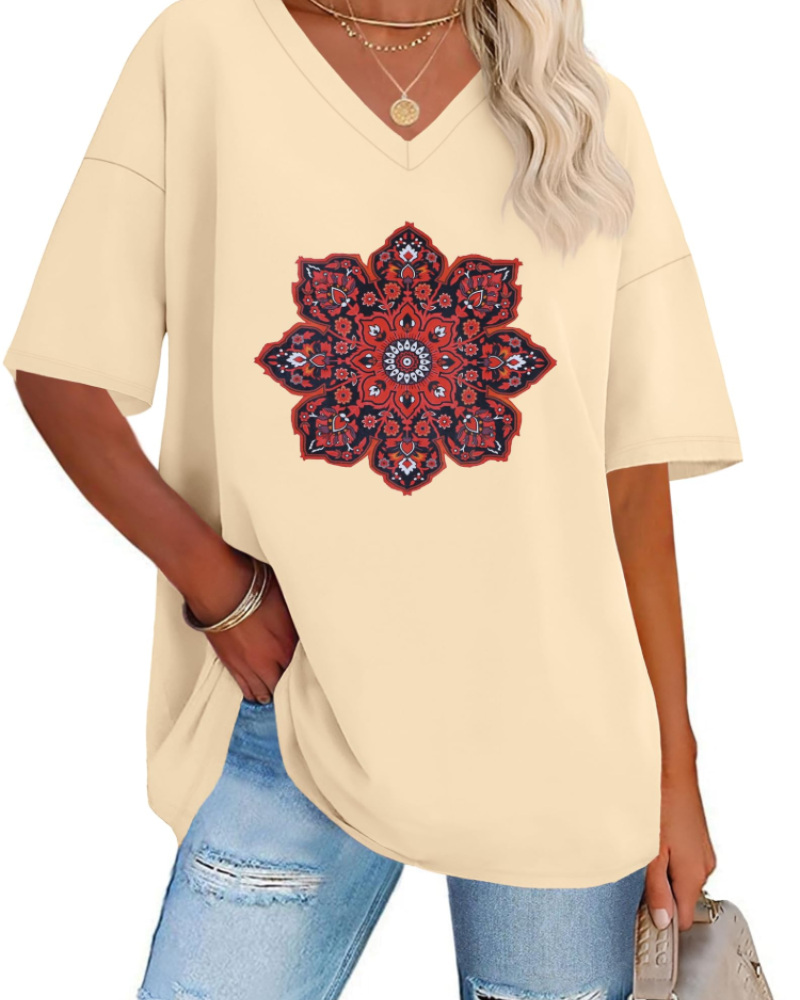 Dámské tričko Paisley s potiskem – volný oversized top s výstřihem do V, ležérní styl
