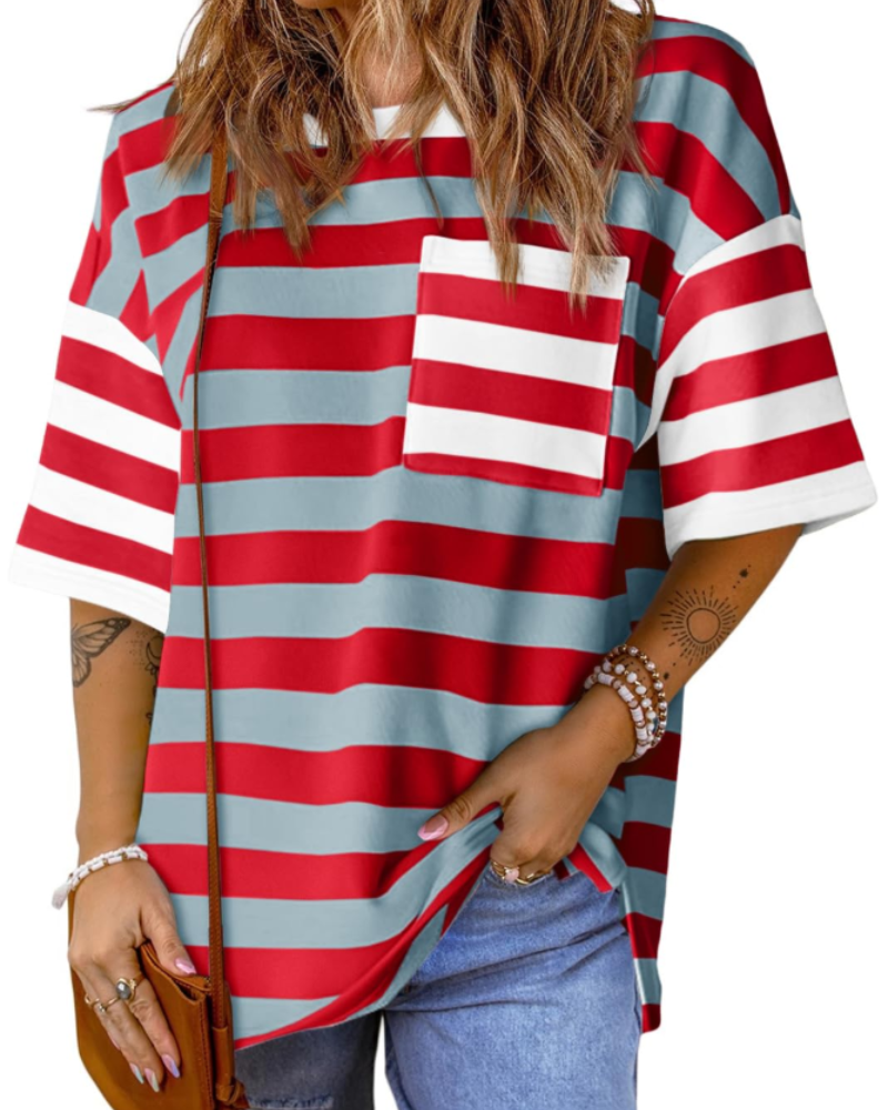 Γυναικείο T-Shirt Brielle με Ρίγες – Oversize Μπλούζα με Στρογγυλή Λαιμόκοψη και Χρωματικό Μπλοκ