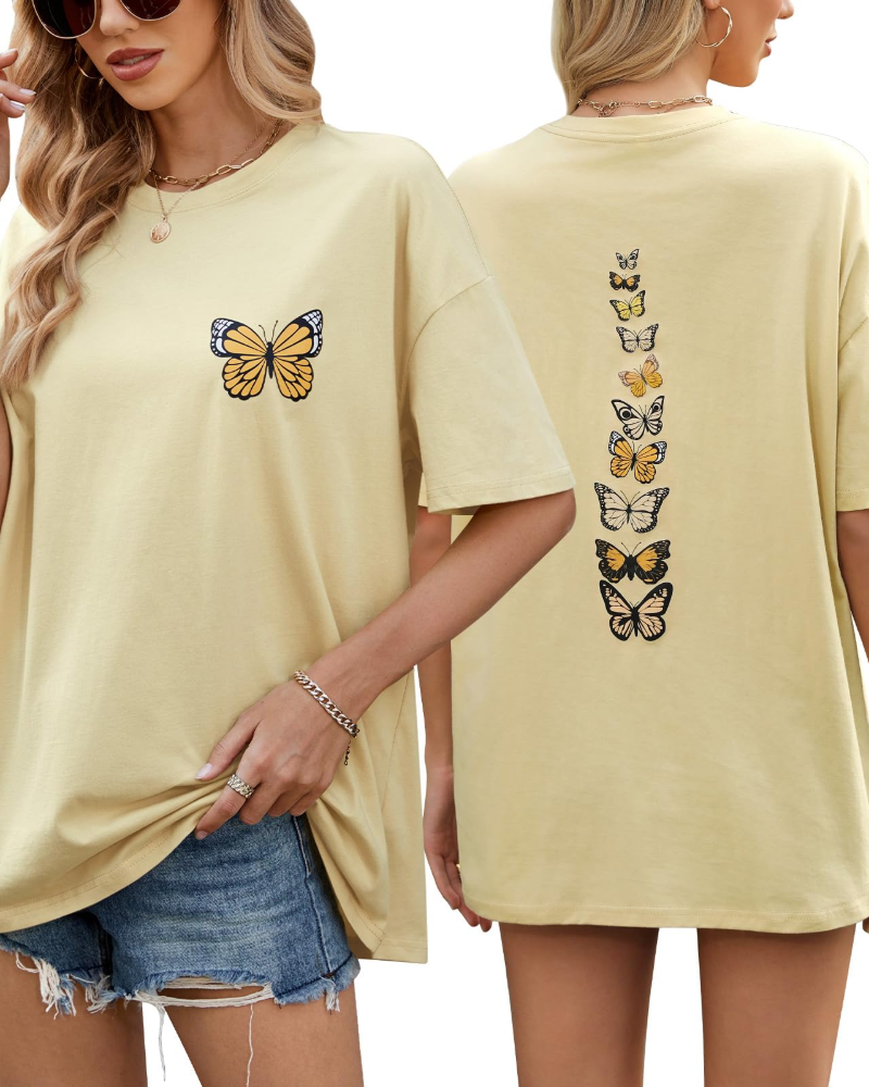 Sloane T-Shirt Oversize Femme – Tee Vintage en Coton avec Imprimé Papillon & Coupe Loose