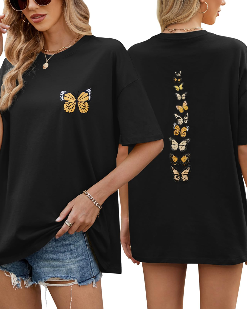 Sloane T-Shirt Oversize Femme – Tee Vintage en Coton avec Imprimé Papillon & Coupe Loose