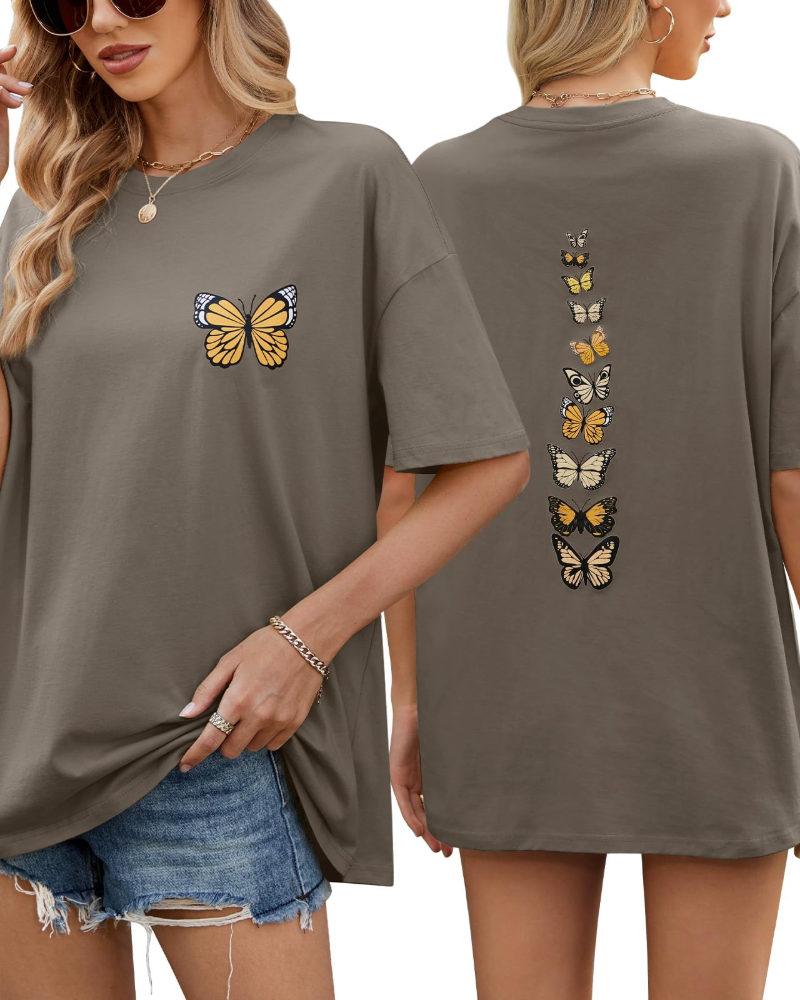 Sloane T-Shirt Oversize Femme – Tee Vintage en Coton avec Imprimé Papillon & Coupe Loose
