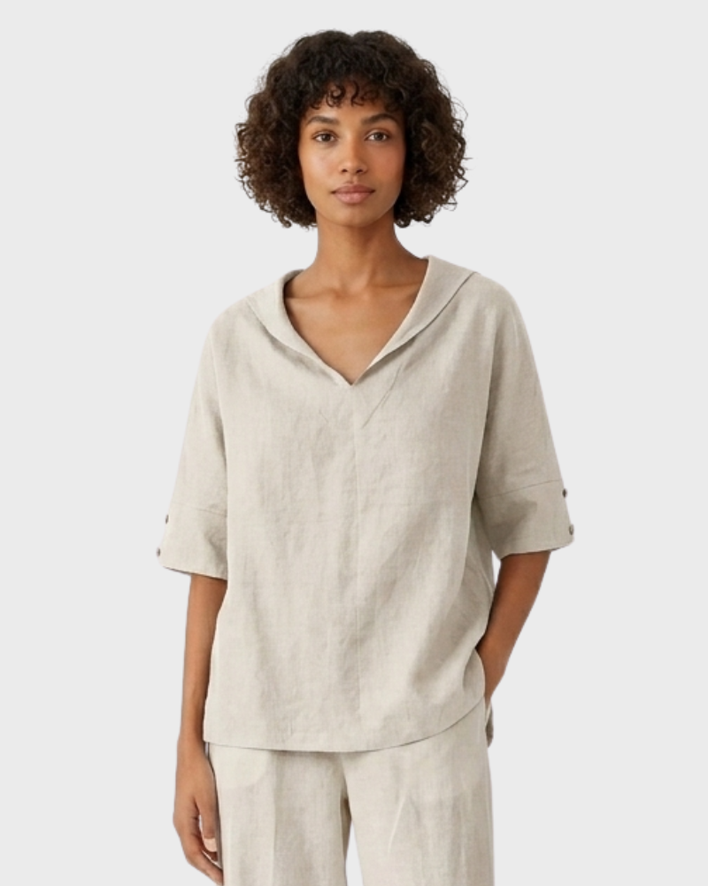 Siarah Camisón Mujer – Lino 100%, Escote en V Elegante y Corte Fluido Confortable