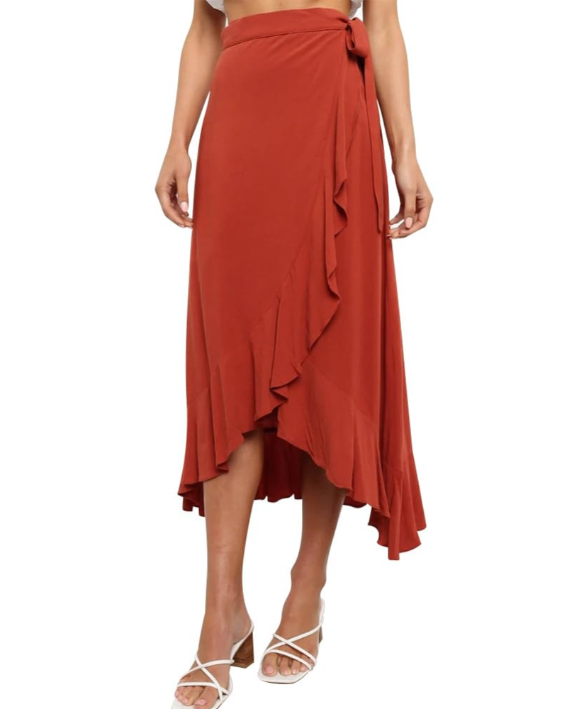 Olivia Jupe Portefeuille Femme – Jupe Midi Évasée avec Ceinture Ajustable & Ourlet Volanté