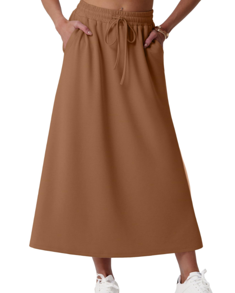 Elena Jupe Maxi Damen – Weit ausgestellter langer Rock mit elastischem Bund, Kordelzug und Taschen
