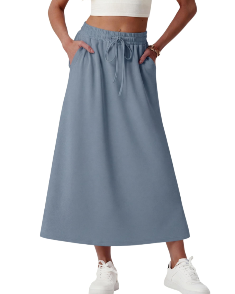 Elena Jupe Maxi Damen – Weit ausgestellter langer Rock mit elastischem Bund, Kordelzug und Taschen