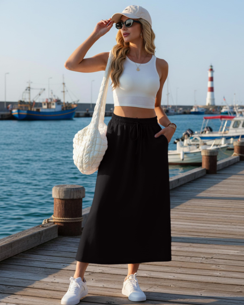 Elena Jupe Maxi Damen – Weit ausgestellter langer Rock mit elastischem Bund, Kordelzug und Taschen