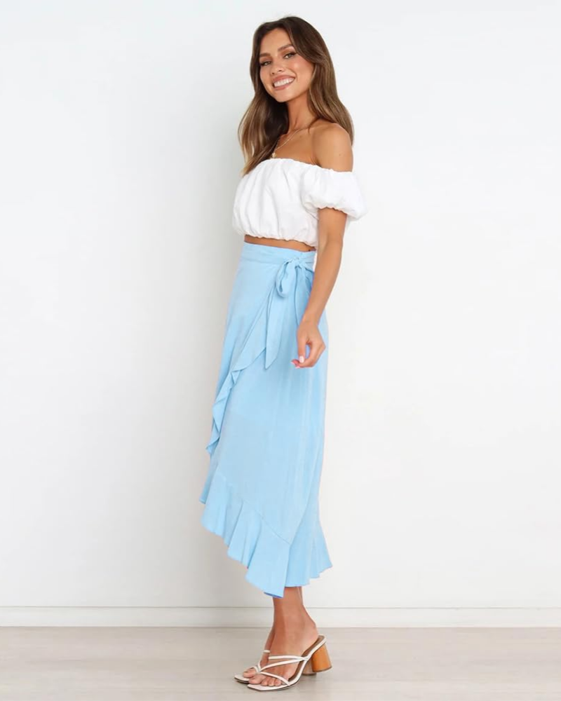 Olivia Jupe Portefeuille Femme – Jupe Midi Évasée avec Ceinture Ajustable & Ourlet Volanté