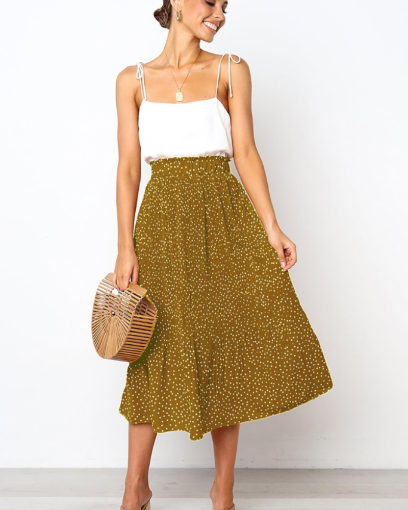 Corinne Jupe Midi Plissée Femme – Jupe à Pois avec Taille Élastique et Poches