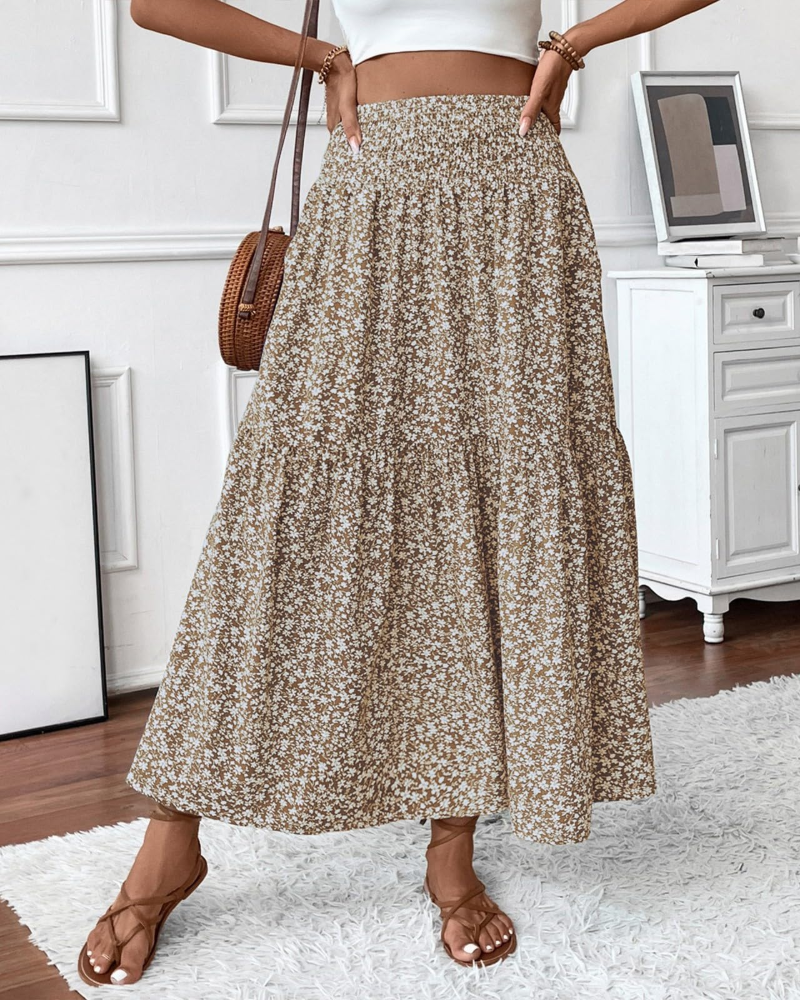 Saia Maxi Lily Jupe Feminina – Saia Longa Floral com Cintura Alta Elástica e Bolsos