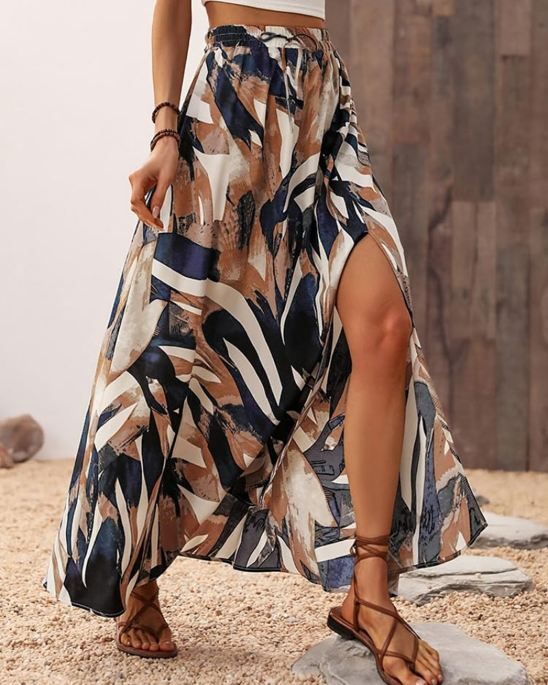 Sienna Jupe Maxi Damen – Lange ausgestellte Rock mit seitlichem Schlitz & elastischem Hochtaillebund