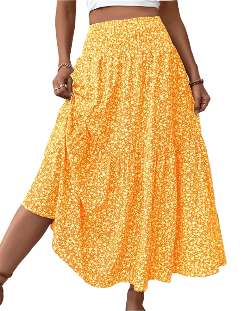 Saia Maxi Lily Jupe Feminina – Saia Longa Floral com Cintura Alta Elástica e Bolsos