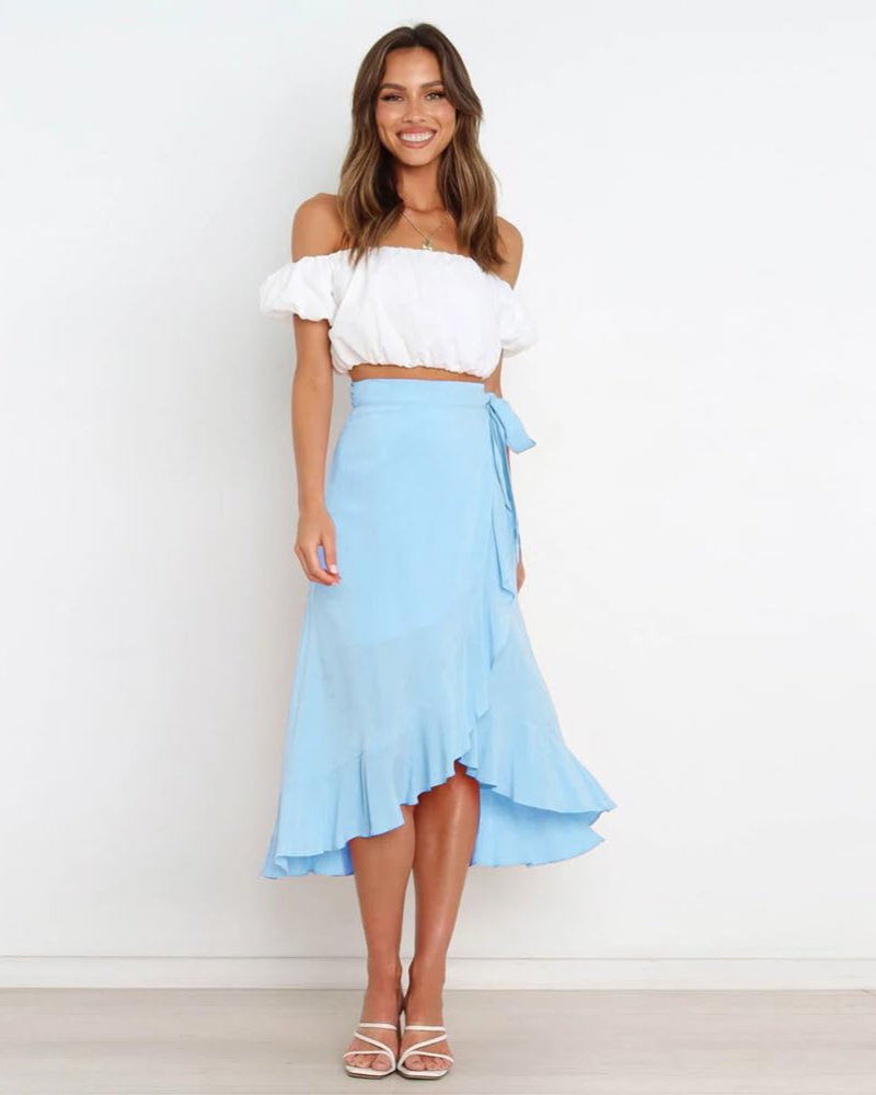 Olivia Jupe Portefeuille Femme – Jupe Midi Évasée avec Ceinture Ajustable & Ourlet Volanté