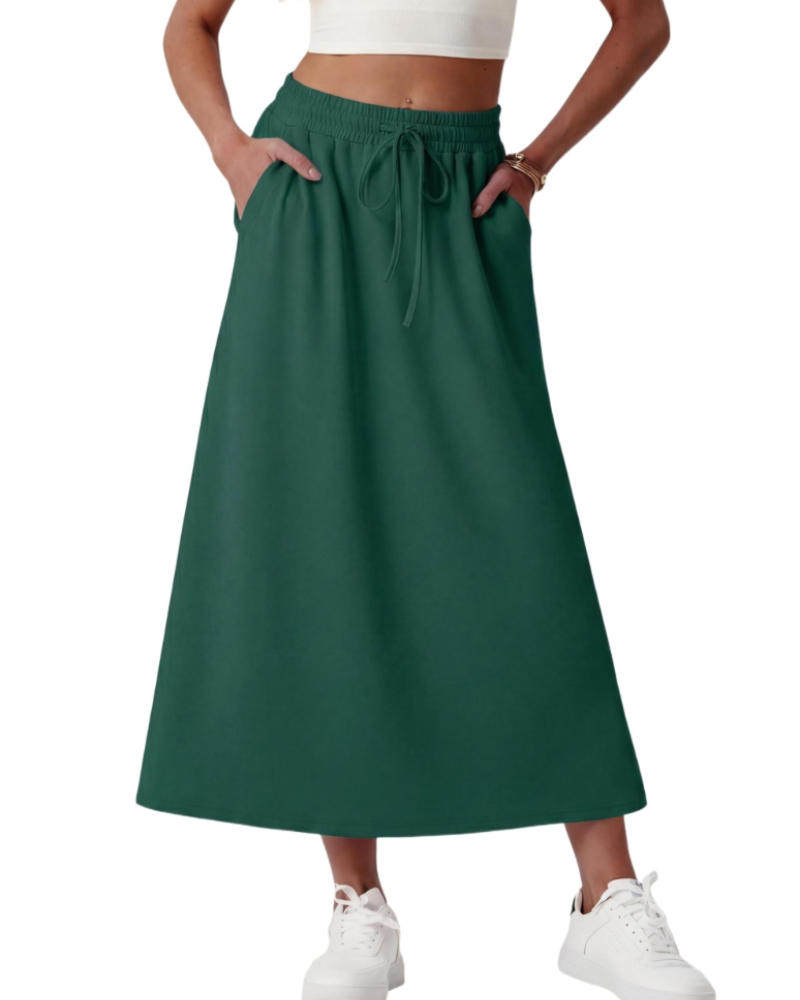 Elena Jupe Maxi Damen – Weit ausgestellter langer Rock mit elastischem Bund, Kordelzug und Taschen