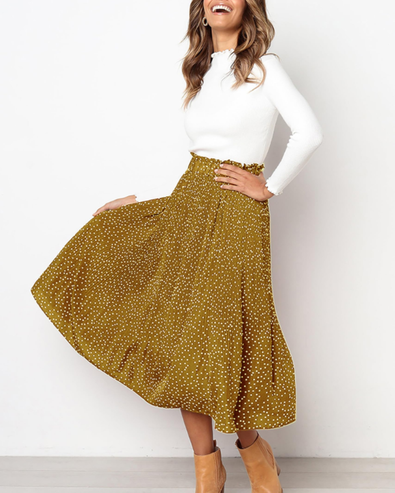 Corinne Jupe Midi Plissée Femme – Jupe à Pois avec Taille Élastique et Poches