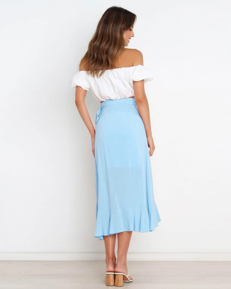 Olivia Jupe Portefeuille Femme – Jupe Midi Évasée avec Ceinture Ajustable & Ourlet Volanté