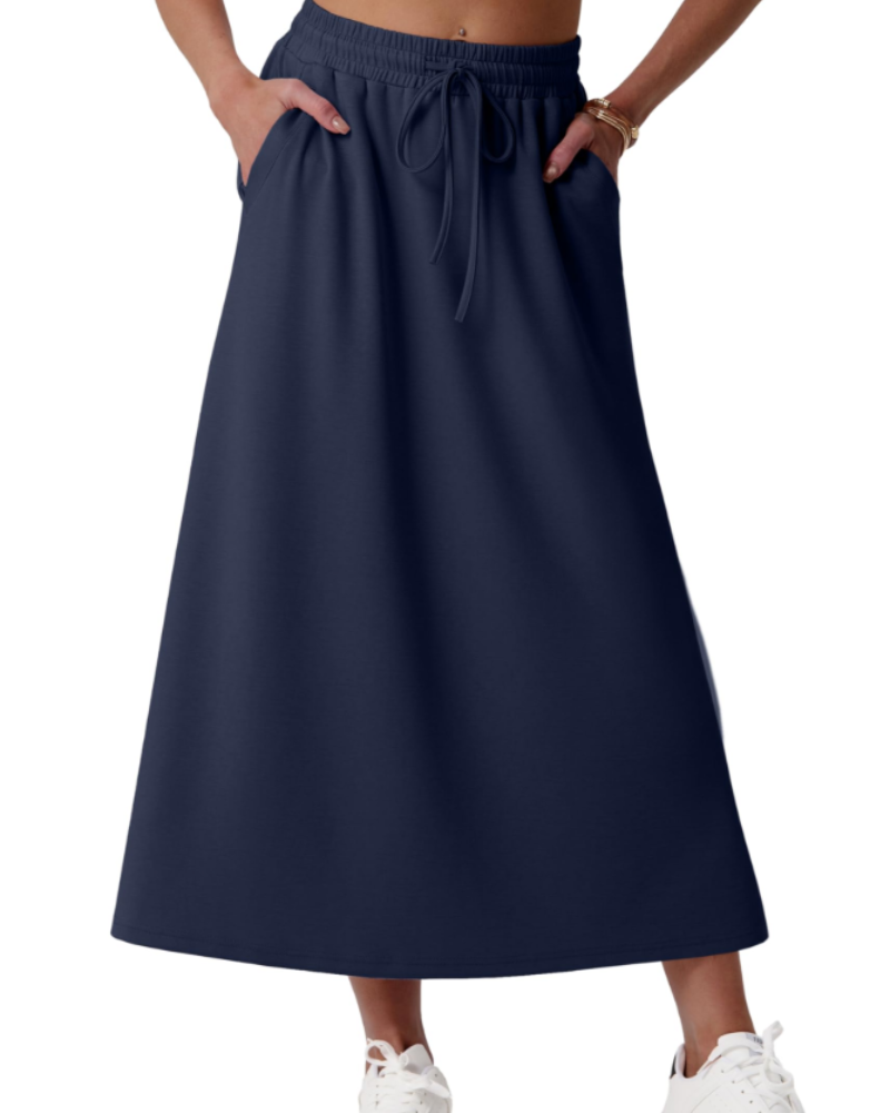 Elena Jupe Maxi Damen – Weit ausgestellter langer Rock mit elastischem Bund, Kordelzug und Taschen