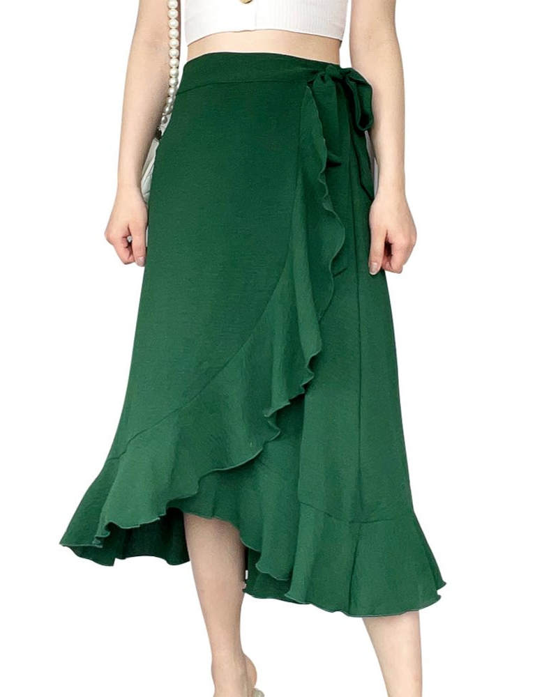 Olivia Jupe Portefeuille Femme – Jupe Midi Évasée avec Ceinture Ajustable & Ourlet Volanté