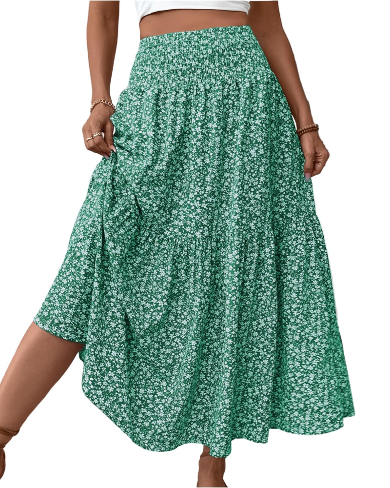 Saia Maxi Lily Jupe Feminina – Saia Longa Floral com Cintura Alta Elástica e Bolsos
