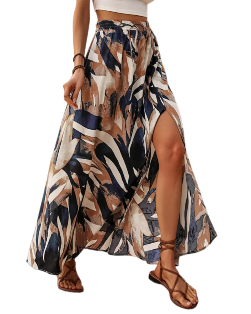 Sienna Jupe Maxi Damen – Lange ausgestellte Rock mit seitlichem Schlitz & elastischem Hochtaillebund