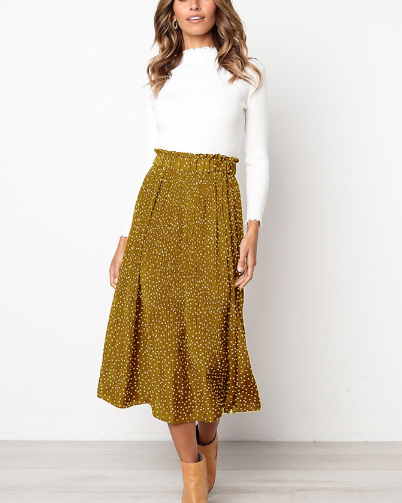 Corinne Jupe Midi Plissée Femme – Jupe à Pois avec Taille Élastique et Poches