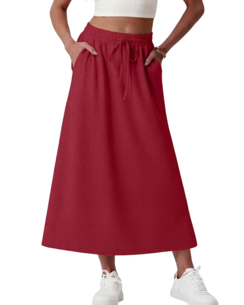 Elena Jupe Maxi Damen – Weit ausgestellter langer Rock mit elastischem Bund, Kordelzug und Taschen