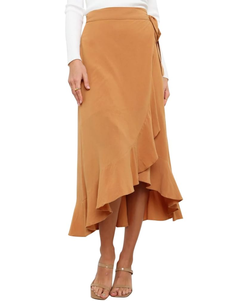 Olivia Jupe Portefeuille Femme – Jupe Midi Évasée avec Ceinture Ajustable & Ourlet Volanté