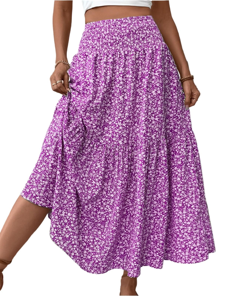 Saia Maxi Lily Jupe Feminina – Saia Longa Floral com Cintura Alta Elástica e Bolsos
