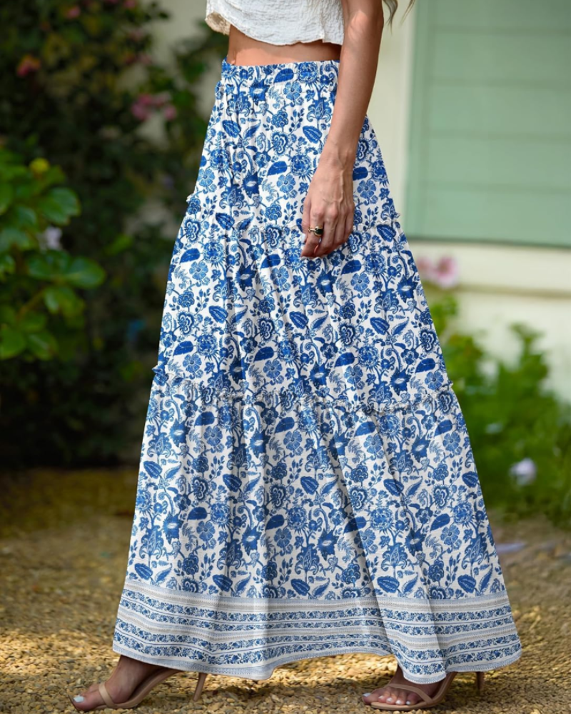 Daphne Jupe Maxi Fleurie Femme – Jupe Bohème à Taille Haute avec Poches