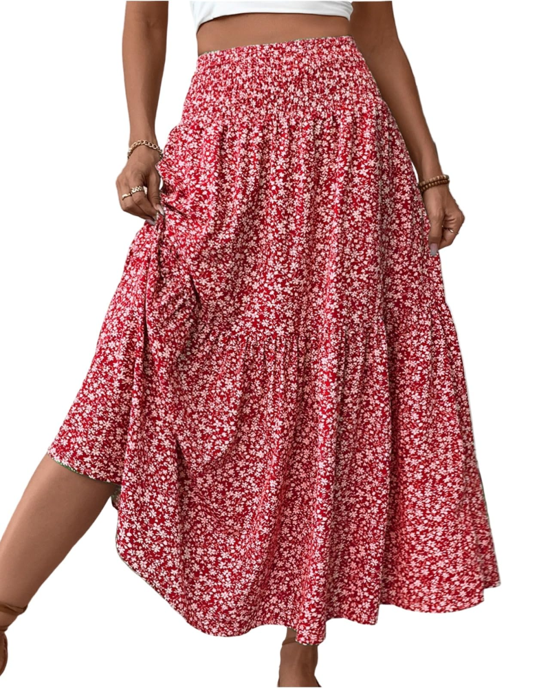 Saia Maxi Lily Jupe Feminina – Saia Longa Floral com Cintura Alta Elástica e Bolsos