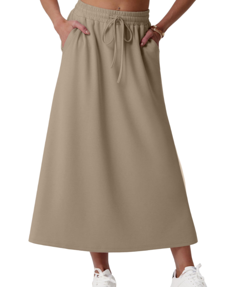 Elena Jupe Maxi Damen – Weit ausgestellter langer Rock mit elastischem Bund, Kordelzug und Taschen