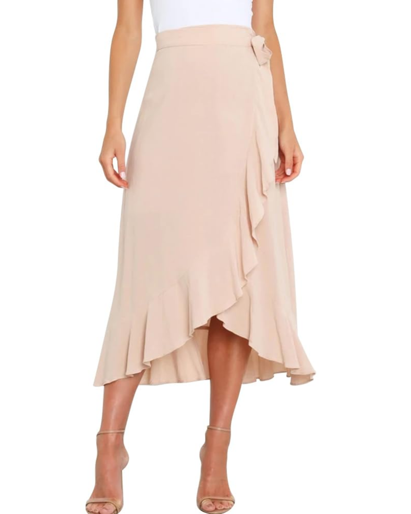 Olivia Jupe Portefeuille Femme – Jupe Midi Évasée avec Ceinture Ajustable & Ourlet Volanté