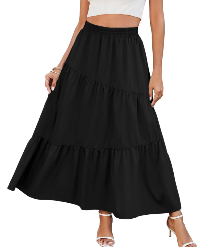 Natalie Jupe Maxi Femme – Jupe Longue Évasée avec Taille Haute Élastique, Volants & Poches