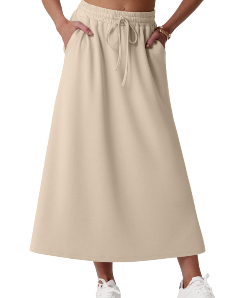 Elena Jupe Maxi Damen – Weit ausgestellter langer Rock mit elastischem Bund, Kordelzug und Taschen
