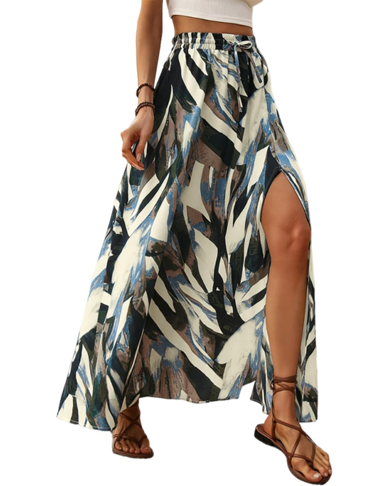 Sienna Jupe Maxi Damen – Lange ausgestellte Rock mit seitlichem Schlitz & elastischem Hochtaillebund