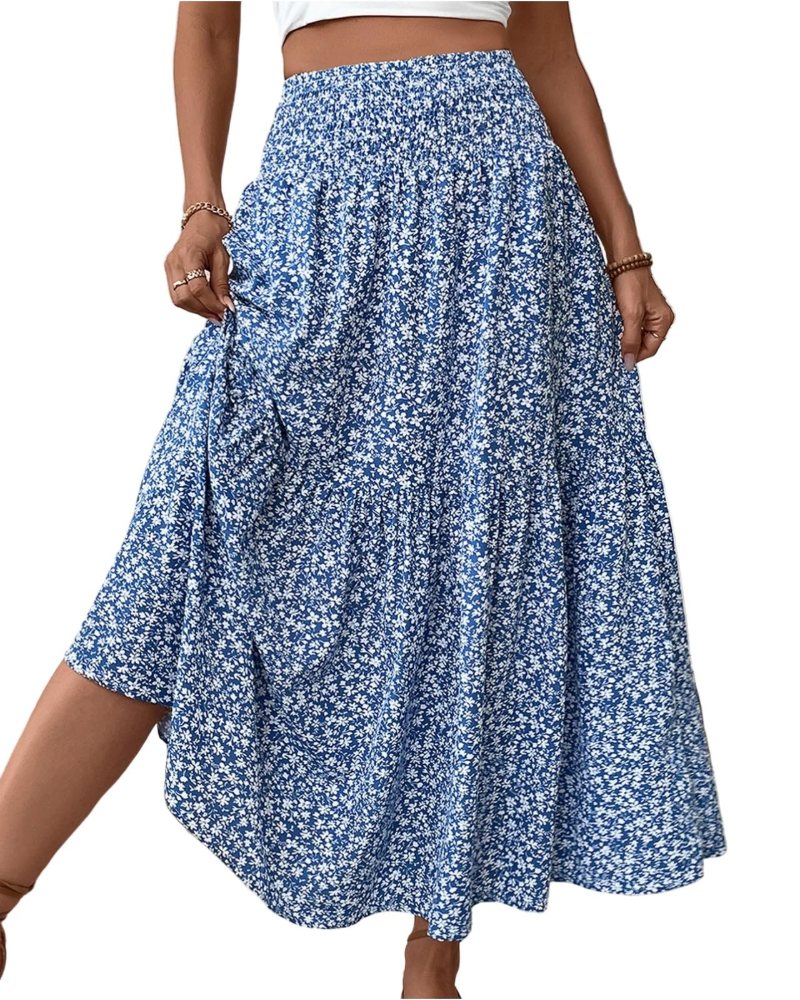 Saia Maxi Lily Jupe Feminina – Saia Longa Floral com Cintura Alta Elástica e Bolsos
