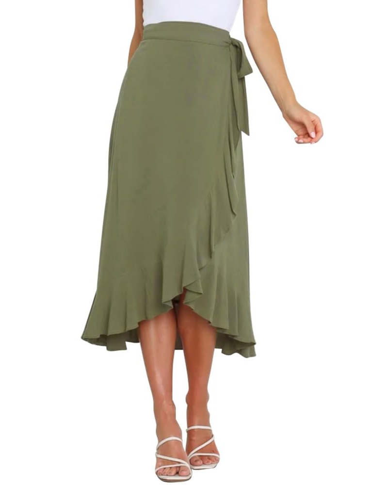 Olivia Jupe Portefeuille Femme – Jupe Midi Évasée avec Ceinture Ajustable & Ourlet Volanté